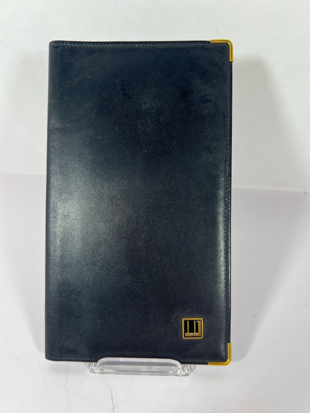 1252: Dunhill Black Leather Long Wallet Checkbook Cover Gold Corners